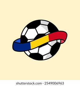 Ilustração vetorial de uma bola de futebol clássica envolta em uma fita de bandeira romena, simbolizando o orgulho nacional e o entusiasmo esportivo. Perfeito para qualquer evento com tema de futebol.