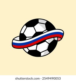 Ilustração vetorial de uma bola de futebol clássica envolvida em uma fita de bandeira da rússia, simbolizando o orgulho nacional e o entusiasmo esportivo. Perfeito para qualquer evento com tema de futebol.