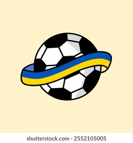 Vector illustration of a classic soccer ball wrapped in a Ukrainian flag ribbon. Representing international sport and national pride. Ideal for topics about football, Ukraine and patriotic symbolism.