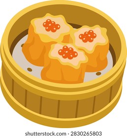 Vector illustration of classic steamed siew mai dumplings garnished with orange tobiko fish roe caviar in a bamboo steamer. Premium dim sum illustration for Asian menus.