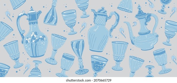 Vector illustration of classic style hip flask and cup, monochrome blue