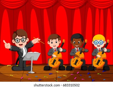 Vector Illustration Of Classic Symphony Orchestra On Stage