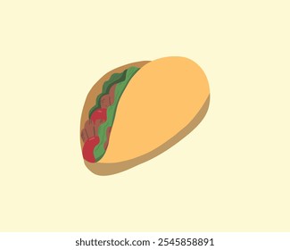 Ilustración vectorial de un taco clásico, mostrando deliciosos detalles coloridos como lechuga, tomates, carne y cáscara de taco crujiente. Esto es perfecto para proyectos relacionados con la comida, diseños de menú 