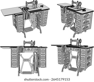 ilustração vetorial de um design clássico tradicional máquina de costura antiga que se move usando o pé 