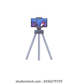 Ilustración vectorial de un trípode clásico con un teléfono inteligente que transmite una sesión de entrevista en vivo