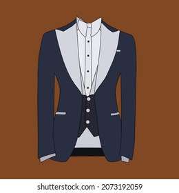 Vector illustration of a classic tuxedo formal dress mixed blue and white against a dark brown background.