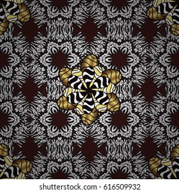 Vector illustration. Classic vintage background. Seamless classic vector golden pattern. Traditional orient ornament. Seamless pattern on brown background with golden elements.
