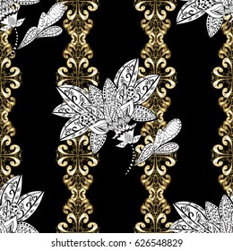 Vector illustration. Classic vintage background. Seamless pattern on black background with golden elements. Seamless classic vector golden pattern. Traditional orient ornament.