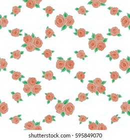 Vector illustration. Classic wallpaper seamless vintage rose flower pattern background in orange colors. Many rose flowers on a white.