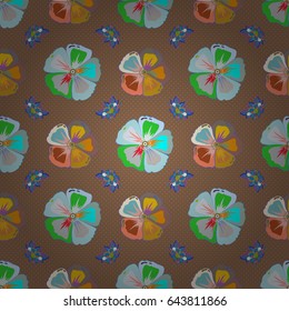 Vector illustration. Classic wallpaper seamless vintage flower pattern background in yellow and blue colors. Many cute flowers.