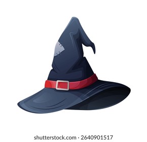 Vector illustration of a classic witch hat with a red belt and patch detail, isolated on a white background. Perfect for Halloween designs, party decor, and spooky-themed projects