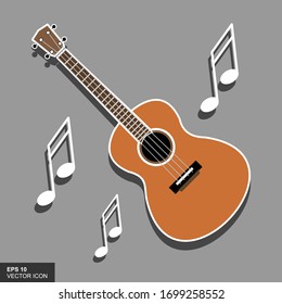 Vector illustration. Classic wood guitar. Strings of strumming a musical instrument. Small acoustic guitar or ukulele.