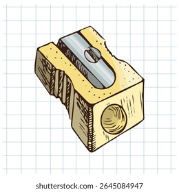 Vector illustration of classic wooden pencil sharpener with metal blade. Hand drawn in vintage sketch style on grid  notebook paper background.