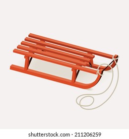 Vector illustration of classic wooden red colored sleds with pulling rope | Retro looking red snow sled for kids