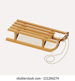 Vector illustration of classic wooden sleds with pulling rope | Retro looking natural wood color snow sled for kids