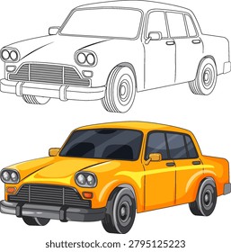 Vector illustration of classic yellow sedan with detailed outline version, clean shading, isolated background