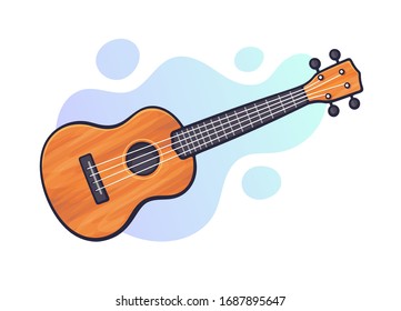 Vector illustration. Classical acoustic guitar or ukulele. String plucked musical instrument. Blues or rock equipment. Clip art with contour for graphic design. Isolated on white background