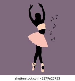 Vector illustration classical ballet. African faceless woman ballet dancer in pink tutu and pointe shoes dancing with musical notes on purple background in a flat style