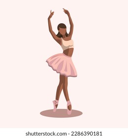 Vector illustration classical ballet. African American woman ballet dancer in a pink tutu and pointe shoes dancing on white background. Beautiful young faceless ballerina in a flat style