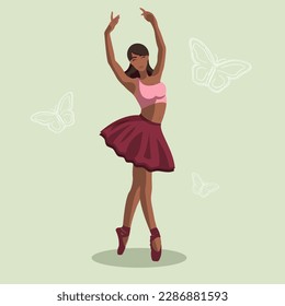Vector ilustra el ballet clásico. Bailarina de ballet afroamericana con túmulo rojo y zapatos punteros bailando de fondo verde. Hermosa bailarina sin rostro en un estilo plano