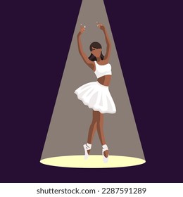 Vector illustration classical ballet. African American ballerina in a white tutu and pointe shoe dances in the spotlight on dark blue background. Beautiful young faceless ballerina in a flat style