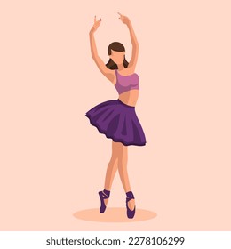 Vector illustration classical ballet. Caucasian white woman ballet dancer in tutu and pointe shoes dancing on beige background. Beautiful young faceless ballerina in a flat style