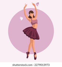 Vector illustration classical ballet. Caucasian white woman ballet dancer in a tutu and pointe shoes dancing with butterflies on purple circle background in a flat style