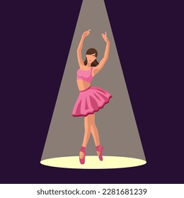 Vector ilustra el ballet clásico. Bailarina blanca caucásica en un tutu rosado y bailes de zapatos en el centro de la atención sobre fondo morado oscuro. Hermosa bailarina sin rostro en un estilo plano