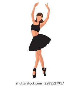 Vector illustration classical ballet. Caucasian white woman ballet dancer in black tutu and pointe shoes dancing on white background. Beautiful young faceless ballerina in a flat style