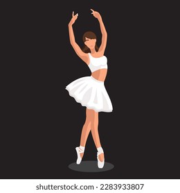 Vector illustration classical ballet. Caucasian white woman ballet dancer in white tutu and pointe shoes dancing on black background. Beautiful young faceless ballerina in a flat style