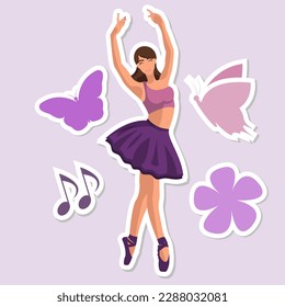 Vector illustration classical ballet sticker. Caucasian white faceless ballerina in a purple tutu and pointe shoes dancing with flower, butterfly and musical notes in a flat style
