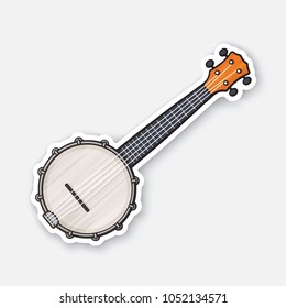 Vector illustration. Classical country music banjo. String plucked musical instrument. Country music, blues, folk or jazz equipment. Sticker with contour. Isolated on white background