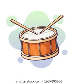 Vector illustration. Classical drum with crossed wooden drumsticks. Percussion musical instrument. Blues, jazz or rock equipment. Clip art with contour for graphic design. Isolated on white background