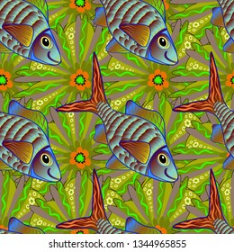 Vector illustration. Classical embroidery, orange, brown and green colors. Embroidery vintage fish, water seamless pattern, japanese pattern. T-shirt design.