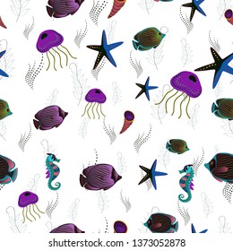 Vector illustration. Classical embroidery, white, brown and purple colors. T-shirt design. Embroidery vintage fish, water seamless pattern, japanese pattern.