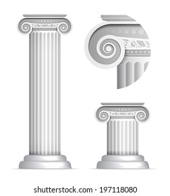 Vector illustration of classical Greek or Roman Ionic column on white background. Luxury pillar with details