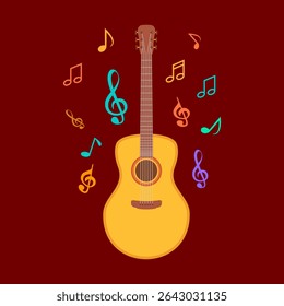 Vector illustration with classical guitar and colorful musical notes.