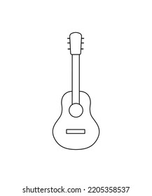 Vector illustration. Classical guitar line art. String plucked musical instrument. Rock or jazz equipment. Isolated on white background. 