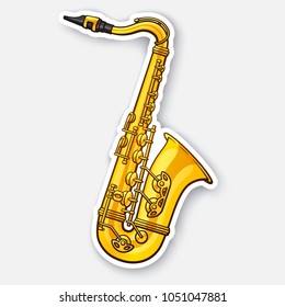 Vector illustration. Classical music wind instrument saxophone. Blues, funk or jazz musical equipment. Sticker with contour. Isolated on white background