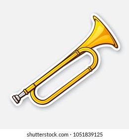 Vector illustration. Classical music wind instrument horn. Blues, funk or jazz musical equipment. Sticker with contour. Isolated on white background