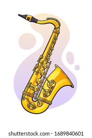 Vector illustration. Classical music wind instrument saxophone. Blues, jazz, ska, funk or orchestral equipment. Clip art with contour for graphic design. Isolated on white background