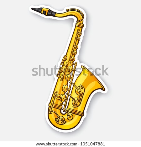 Vector illustration. Classical music wind instrument saxophone. Blues, funk or jazz musical equipment. Sticker with contour. Isolated on white background
