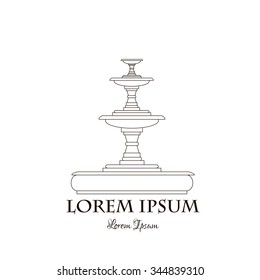 Vector illustration of classical  realistic fountain with place for your text made in line style. Vector template for business card and banner.