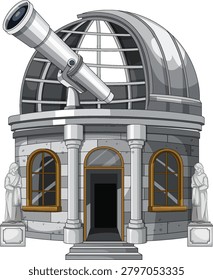 Vector illustration of classical stone observatory with dome telescope, front view, clean white background