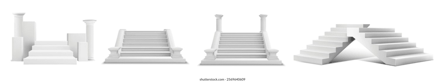 Vector illustration of classical white stairs and columns in various designs. Perfect for architectural, historical, or minimalistic design projects and creative presentations.