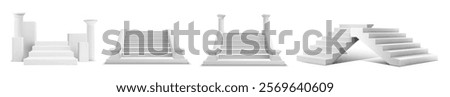 Vector illustration of classical white stairs and columns in various designs. Perfect for architectural, historical, or minimalistic design projects and creative presentations.