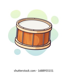 Vector illustration. Classical wooden drum. Percussion musical instrument. Blues, jazz, ska, orchestral or rock equipment. Clip art with contour for graphic design. Isolated on white background