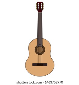 Vector illustration. Classical wooden guitar. String plucked musical instrument. Small acoustic guitar or ukulele