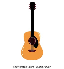 Vector illustration. Classical wooden guitar. String plucked musical instrument. Small acoustic guitar or ukulele. Rock or jazz equipment. Sticker with contour. Isolated on white background