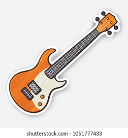 Vector illustration. Classical wooden rock electro or bass guitar. String plucked musical instrument. Rock, blues, ska or jazz equipment. Sticker with contour. Isolated on white background